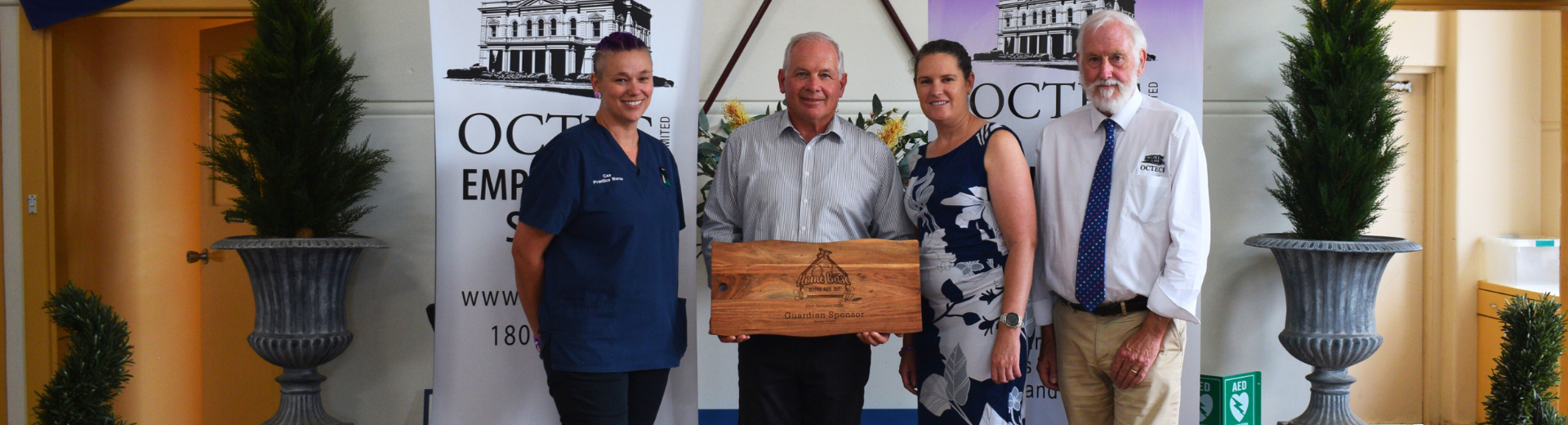 alt="OCTEC softball fundraiser: Orange Softball Association Sponsorship & Fundraising Coordinator Caz Bevan with OCTEC Chair Jeff Whitton, Home Base organiser Ellen Sharp and OCTEC CEO Andrew McDougall"